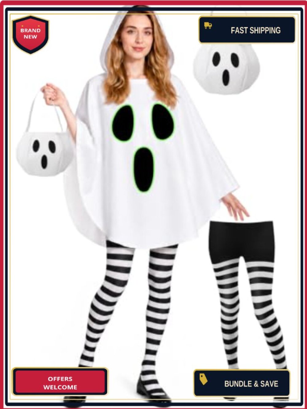Ghost Poncho Costume Set Glow in Dark Hooded Polyester Halloween
